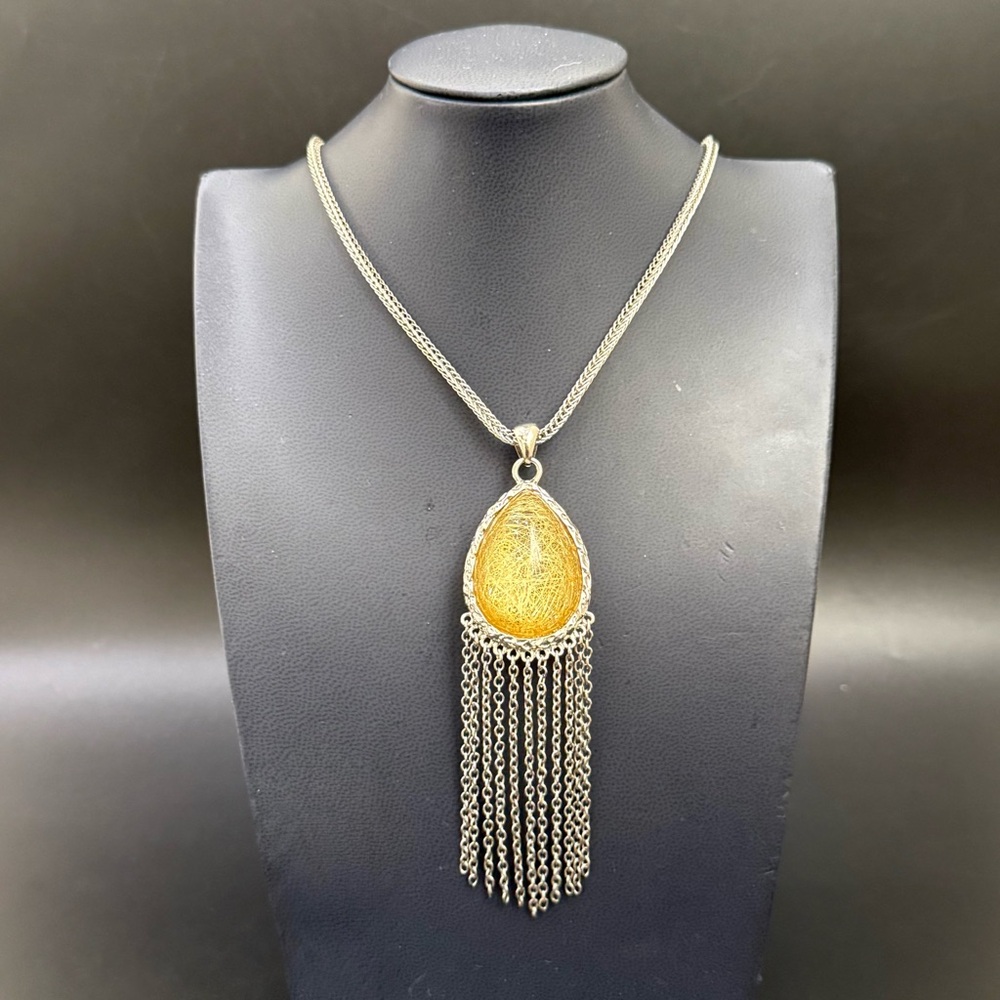 Stainless Steel Golden Rutilated Quartz Teardrop Fringe Pendant 29” Necklace - Picture 3 of 14